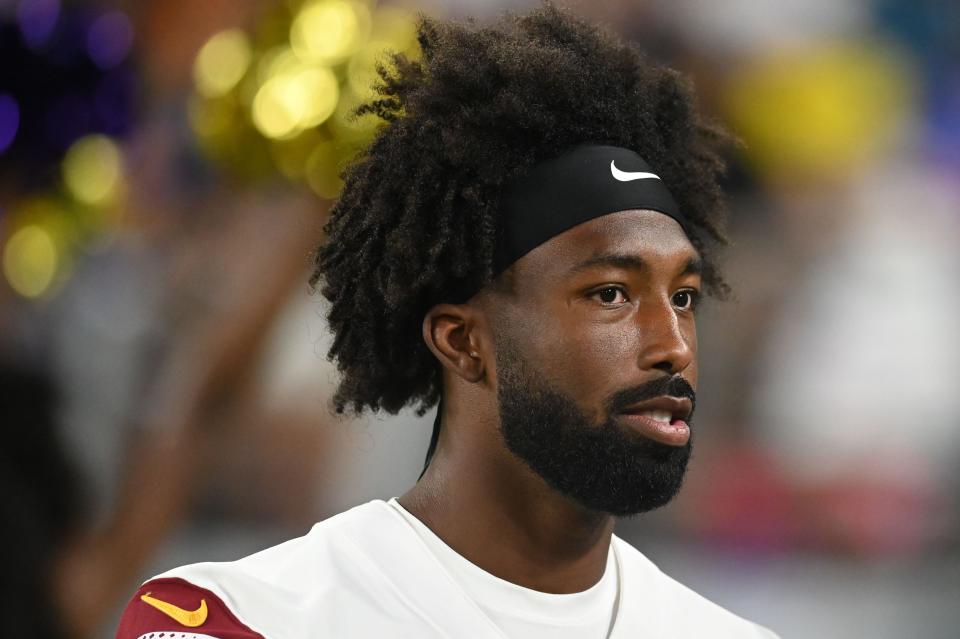 Aug 27, 2022; Baltimore, Maryland, USA; Washington Commanders cornerback Kendall Fuller (29) stands on the sidelines during the second half against the Baltimore Ravens at M&T Bank Stadium. Mandatory Credit: Tommy Gilligan-USA TODAY Sports