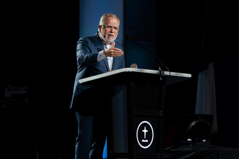 Pastor Ed Litton, president of the Southern Baptist Convention, addresses attendees at its annual meeting in Anaheim, Calif., Tuesday, June 14, 2022. (AP Photo/Jae C. Hong)