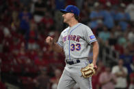 New York Mets relief pitcher Trevor Gott celebrates after striking out St. Louis Cardinals' Paul Goldschmidt to end a baseball game Thursday, Aug. 17, 2023, in St. Louis. The Mets on 4-2. (AP Photo/Jeff Roberson)