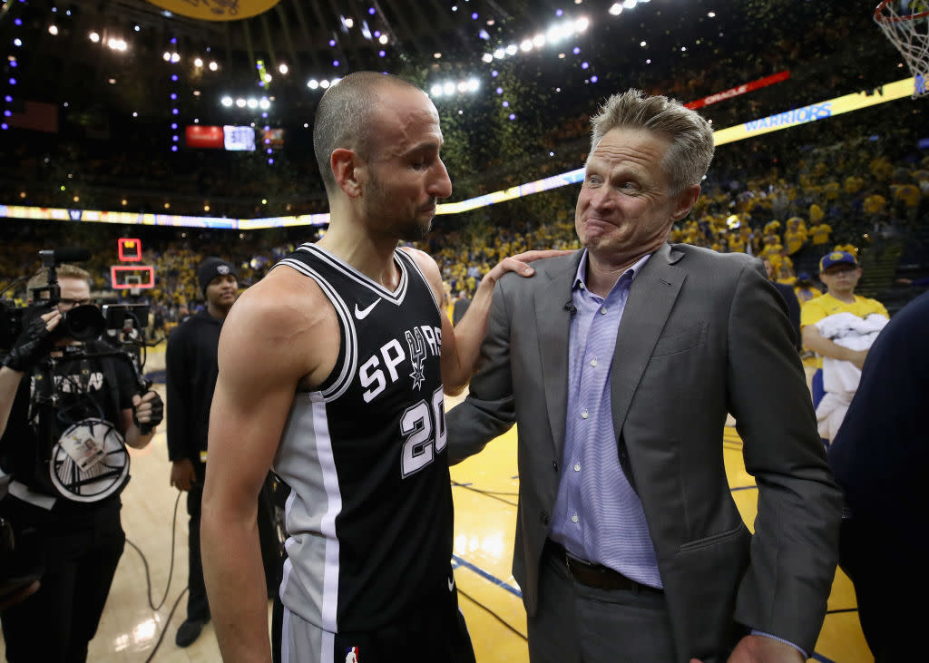 Steve Kerr asks Manu Ginobili to think about coming back for a 17th NBA season. (Getty)