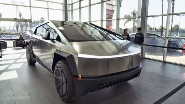 A Tesla Cybertruck is on display at the Tesla showroom.