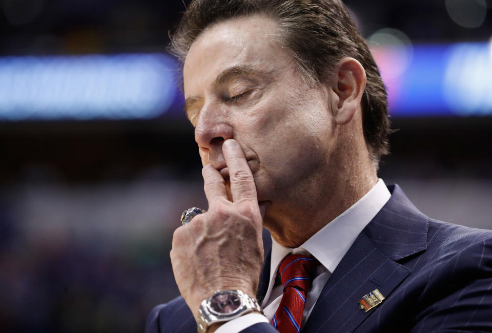 Rick Pitino of the Louisville Cardinals reacts to their 69-73 loss to the Michigan Wolverines during the second round of the 2017 NCAA tournament. (Joe Robbins/Getty)