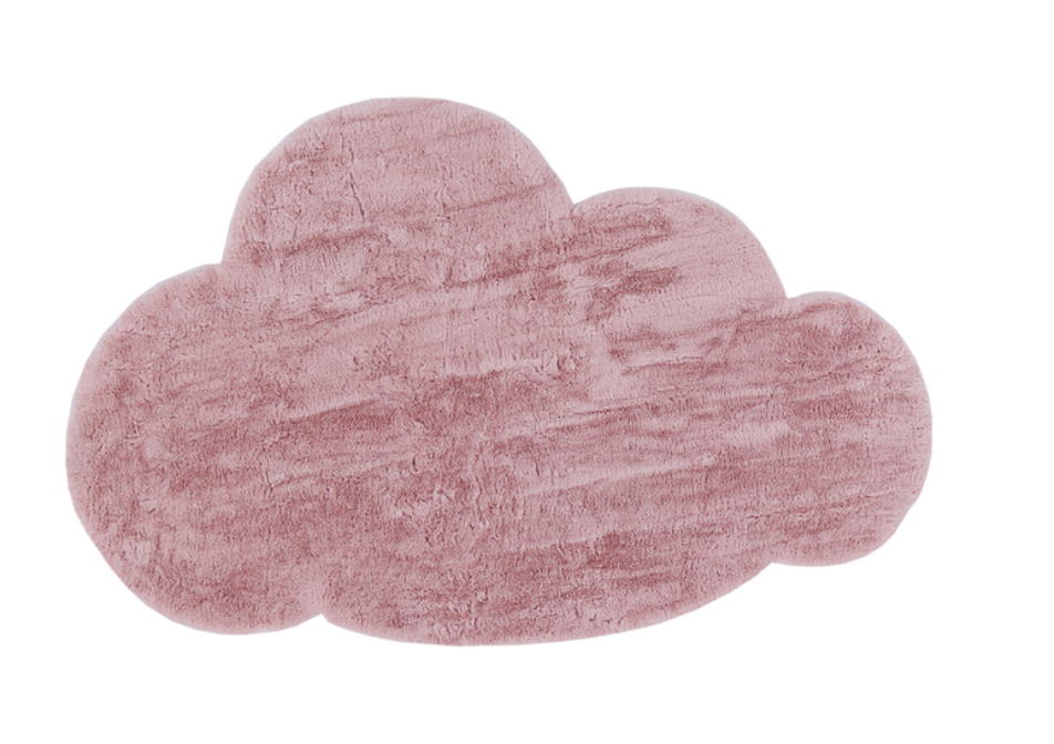 Pink cloud rug has a plush pile and is shaped like a fluffy cloud and sits on a white background