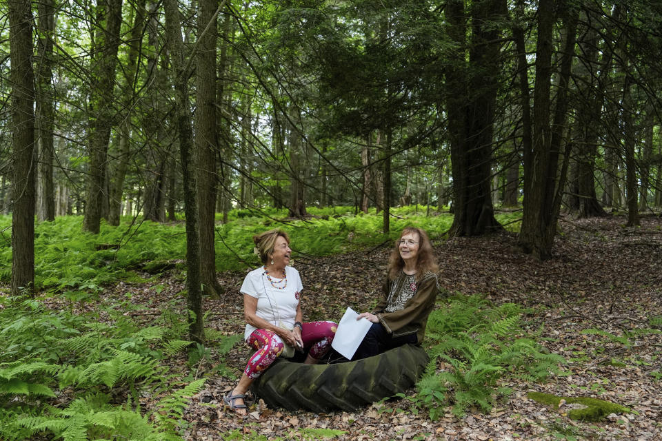 Ellen Shelburne y Beverly "Cookie" Grant se sientan en el columpio de neumático original de la Feria de Arte y Música de Woodstock en el Centro para las Artes Bethel Woods, el viernes 14 de junio de 2024, en Bethel, Nueva York. (Foto AP/Julia Nikhinson)