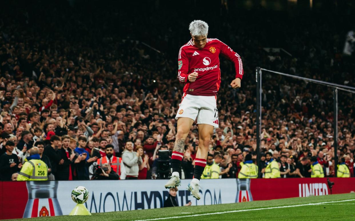 Alejandro Garnacho of Manchester United celebrates scoring his sides fourth goal during the Carabao Cup Third Round match