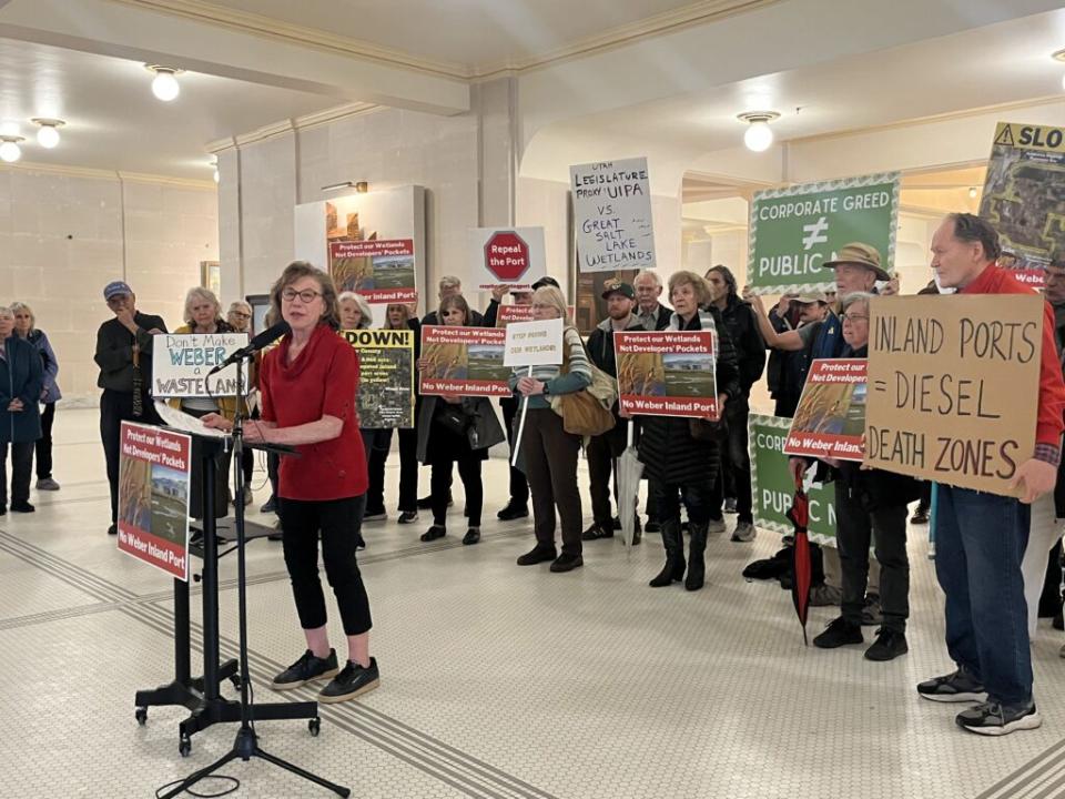  Patty Becnel, a retired teacher living in Pleasant View, speaks against the West Weber Inland Port in a news conference on May 20, 2024 (Alixel Cabrera/Utah News Dispatch).