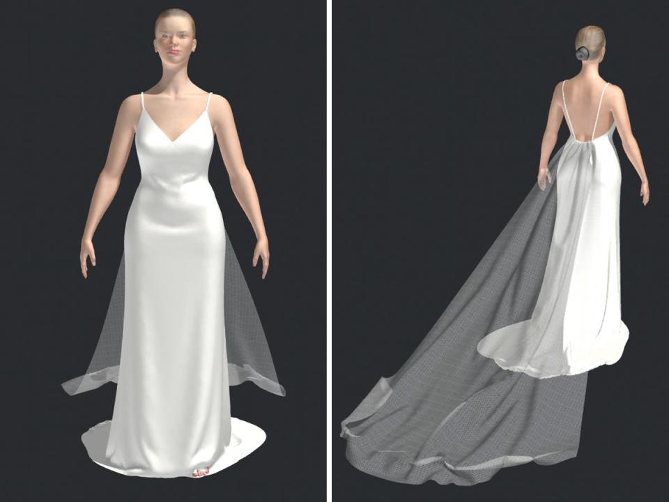 A side-by-side of the front and back of a rendering of a wedding dress.