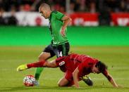 FC Midtjylland v Southampton - UEFA Europa League Qualifying Play-Off Second Leg - MCH Arena, Herning, Denmark - 27/8/15. Southampton's Oriol Romeu in action with FC Midtjylland's Petter Andersson. Action Images / Matthew Childs