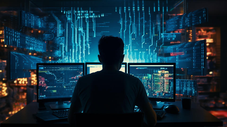 A data engineer working intently on a computer, processing complex algorithms.