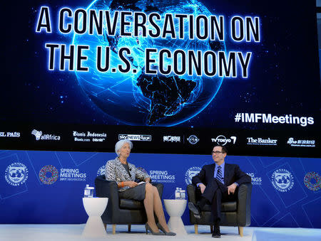 U.S. Treasury Secretary Steven Mnuchin (R) and IMF Managing Director Christine Lagarde hold "A Conversation on the US Economy", as part of the IMF and World Bank's 2017 Annual Spring Meetings, in Washington, U.S., April 22, 2017. REUTERS/Mike Theiler