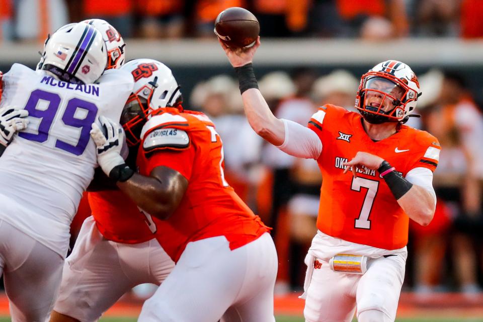 Sep 2, 2023; Stillwater, Oklahoma, USA; Oklahoma State's Alan Bowman (7) throws the ball in the second quarter during an NCAA football game between Oklahoma State and Central Arkansas at Boone Pickens Stadium. Mandatory Credit: Nathan J. Fish-USA TODAY Sports