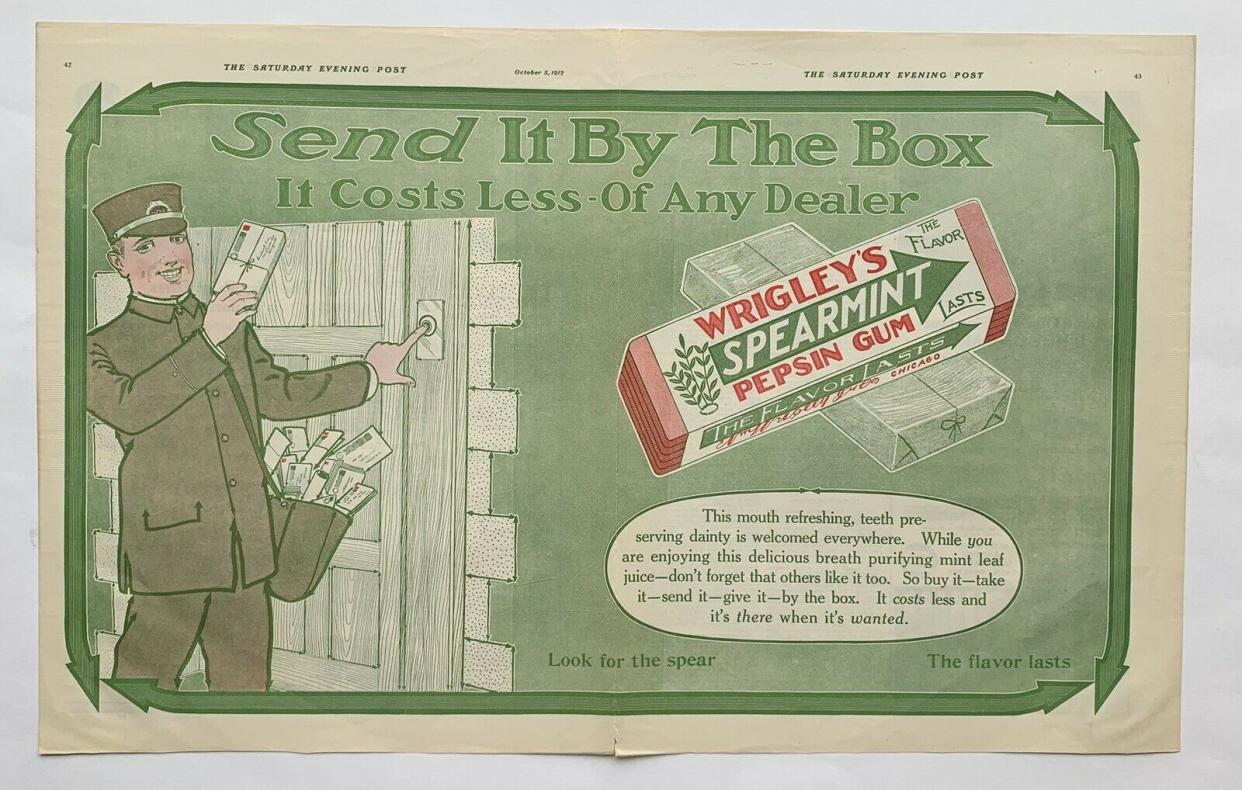 Vintage 1912 Wrigleys Spearmint Pepsin Gum Mailman Flavor Lasts Print Ad