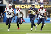 Los Angeles Chargers running back Justin Jackson (22) runs against the New England Patriots during the first half of an NFL football game Sunday, Oct. 31, 2021, in Inglewood, Calif. (AP Photo/Jae C. Hong)