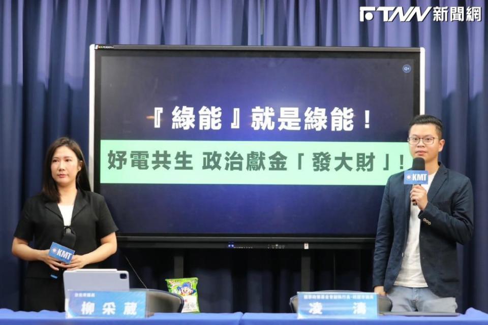 桃園市議員凌濤與國民黨總統參選人侯友宜競選辦公室發言人、台北市議員柳采葳今(14)日共同召開記者會，質疑民進黨立委賴品妤為父親賴勁麟的雲豹能源公司「政治性反核」。（圖／國民黨文傳會）