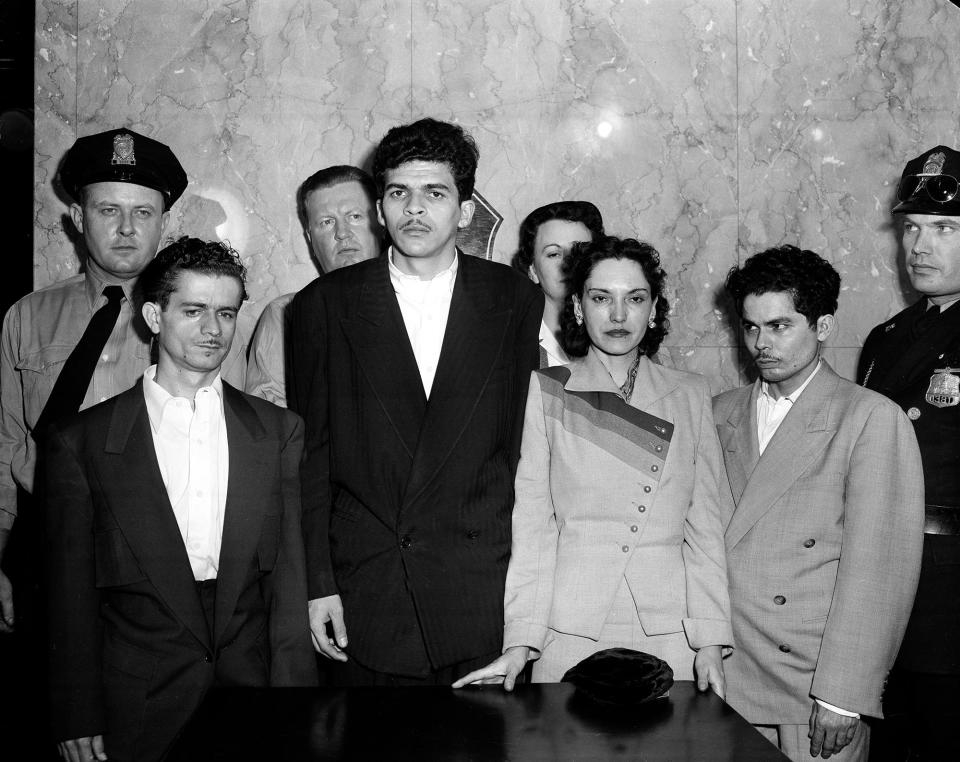 Puerto Rican nationalists Irvin Flores Rodriguez, Rafael Cancel Miranda, Lolita Lebron and Andres Figueroa Cordero, all from New York,  stand in a police lineup following their arrest on March 1, 1954. The group, under the leadership of Lebron, opened fire from the visitors' gallery onto the floor of the U.S. House of Representatives, wounding five congressmen.