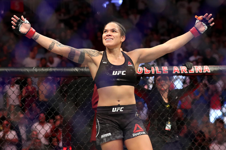 LAS VEGAS, NEVADA - JULY 06:  Amanda Nunes of Brazil reacts after defeating Holly Holm of the United States during their UFC Women’s Bantamweight Title bout  at T-Mobile Arena on July 06, 2019 in Las Vegas, Nevada. (Photo by Sean M. Haffey/Getty Images)