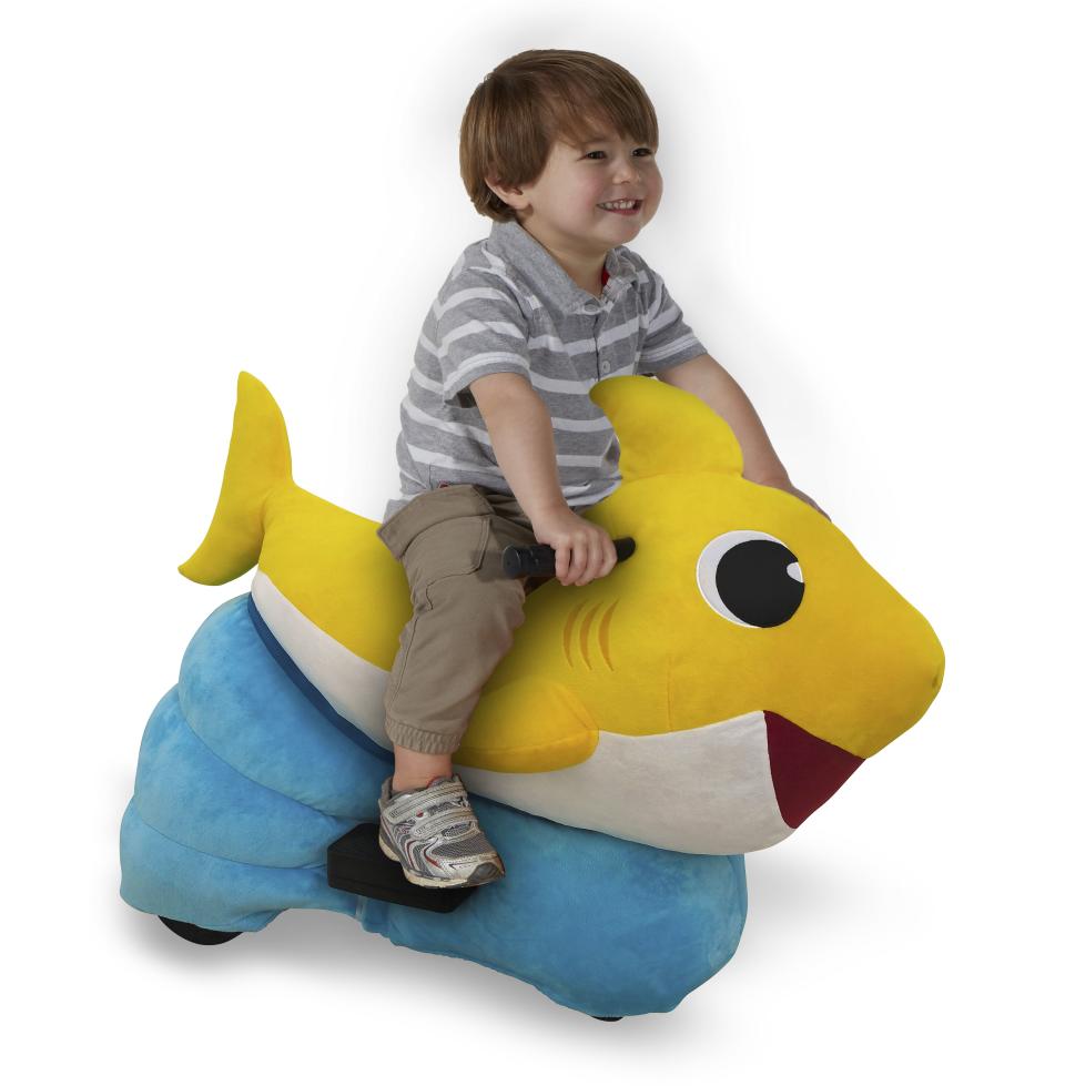 6 Volt Baby Shark Plush Ride-On with Ocean Bed Crate Included!