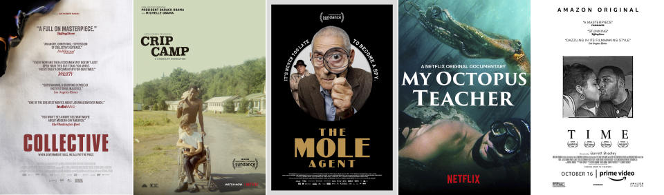 This combination of photos shows poster art for Oscar nominees for the documentary feature category, from left, "Collective," "Crip Camp," "The Mole Agent," "My Octopus Teacher," and "Time." (Magnolia Pictures/Netflix/Gravitas Pictures/Netflix/Amazon Studios via AP)