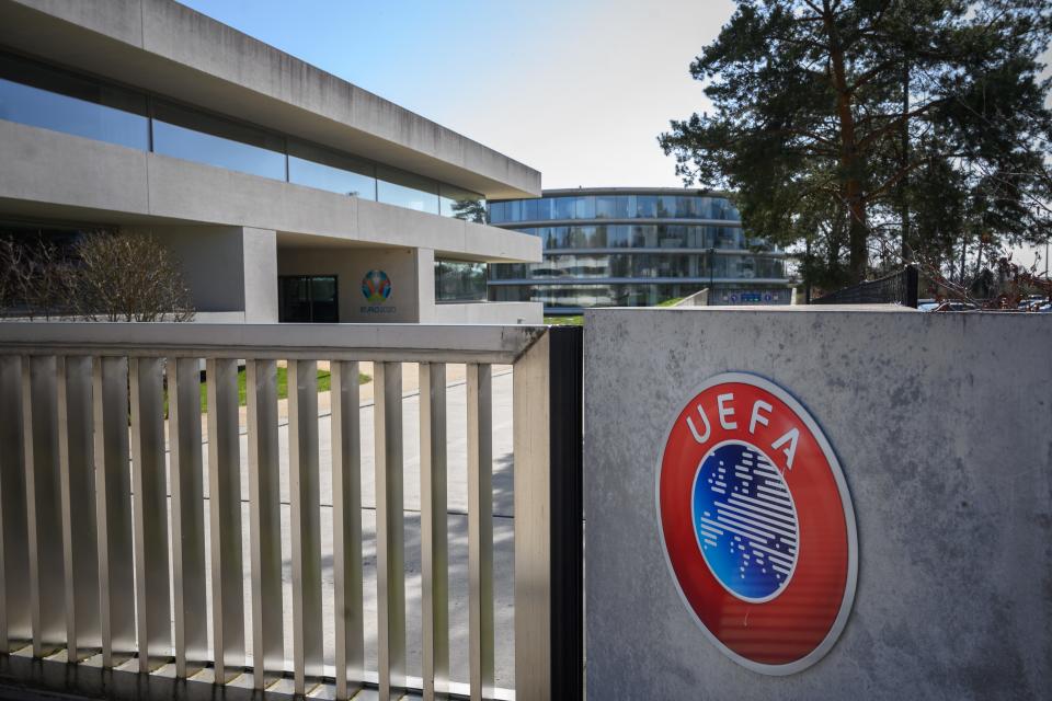 <p>Standing firm: UEFA will punish the three clubs standing by the rebel super league</p> (AFP via Getty Images)