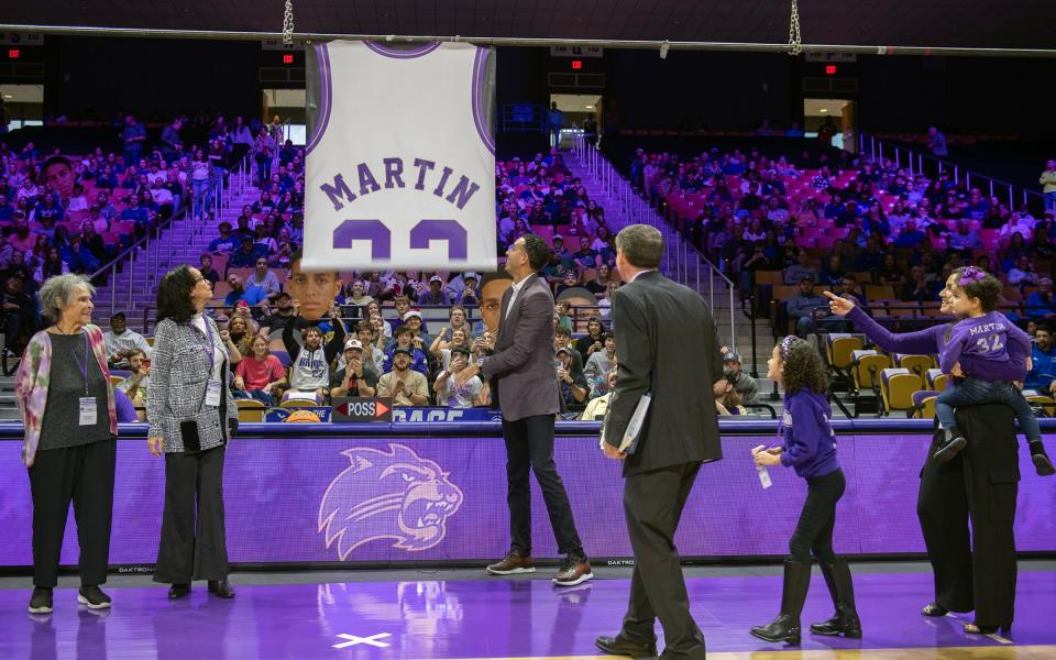 Zanesville High School graduate Kevin Martin had his jersey retired by Western Carolina University's men's basketball program on Dec. 9, 2023, at the Ramsey Center in Cullowhee, N.C. Martin played 12 years in the NBA after averaging at least 20 points per game in three years at Western. Also pictured are grandmother Maxine Martin, left, mother Marilyn Martin, daughter Anna, wife Jill and daughter Savannah.