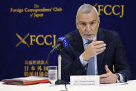 Secretary General of the European Union's European External Action Service Stefano Sannino speaks during a press conference at the Foreign Correspondents' Club Friday, Jan. 27, 2023, in Tokyo. Sannino said that Russia has taken its war against Ukraine to a “a different stage” by making indiscriminate attacks on civilians and non-military targets, while criticizing Moscow for triggering recent moves by Germany and the United States to send advanced tanks to Ukraine. (AP Photo/Eugene Hoshiko)