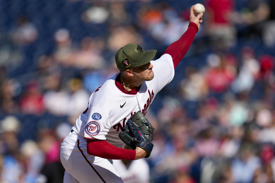 Washington Nationals starting pitcher Patrick Corbin throws during the fifth inning of a baseball game against the Detroit Tigers at Nationals Park, Saturday, May 20, 2023, in Washington. (AP Photo/Alex Brandon)