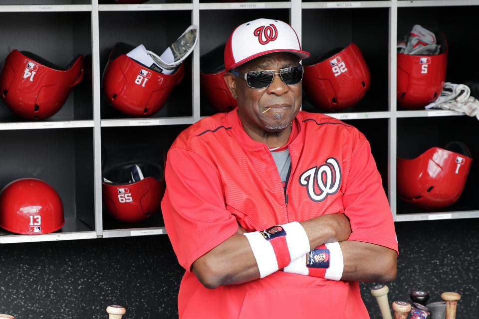 FILE - In this July 8, 2017, file photo, Washington Nationals manager Dusty Baker watches batting practice before a baseball game against the Atlanta Braves in Washington. A person with knowledge of the negotiations said Tuesday, Jan. 28, 2020, that Baker, 70, is working to finalize an agreement to become manager of the Houston Astros. The person spoke on condition of anonymity because the deal has not yet been completed. (AP Photo/Mark Tenally, File)