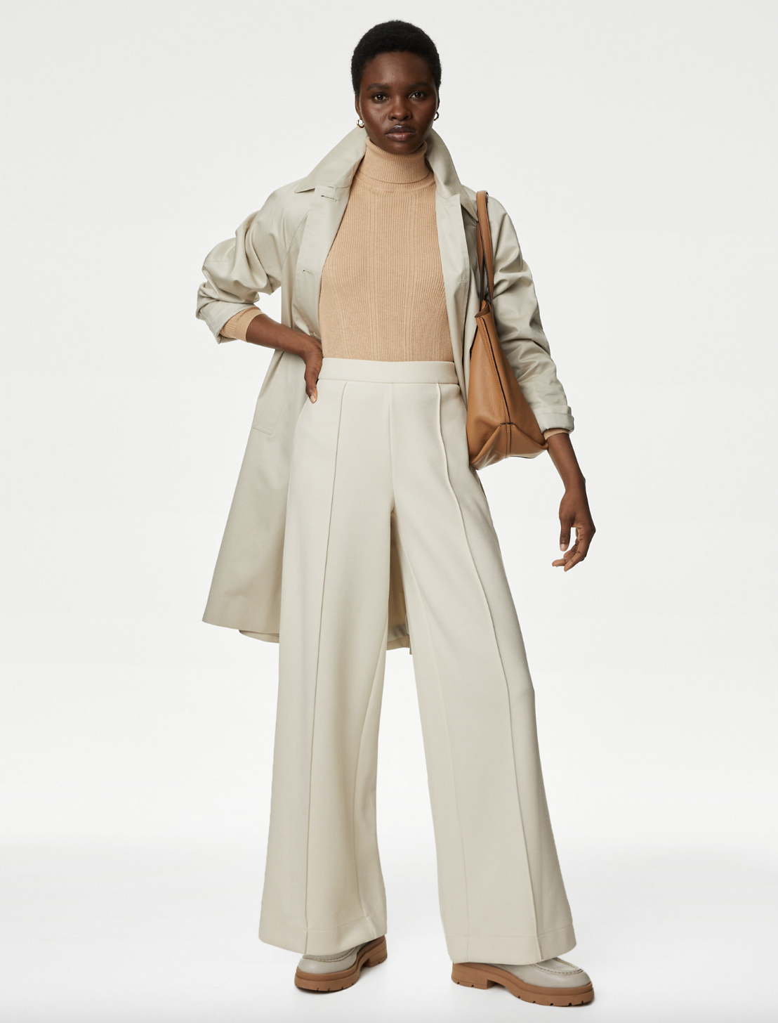 These jersey wide-leg trousers come in four colours, this ivory shade is perfect for a smart, tonal outfit. (Marks & Spencer)