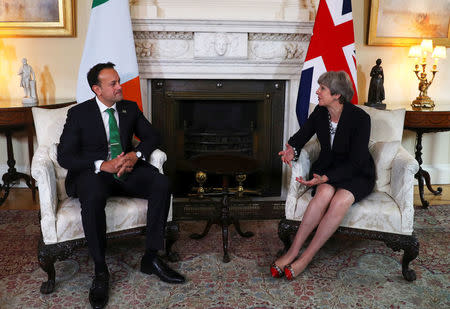 Britain's Prime Minister Theresa May welcomes Ireland's Taoiseach Leo Varadkar to Downing Street in London, September 25, 2017. REUTERS/Hannah McKay