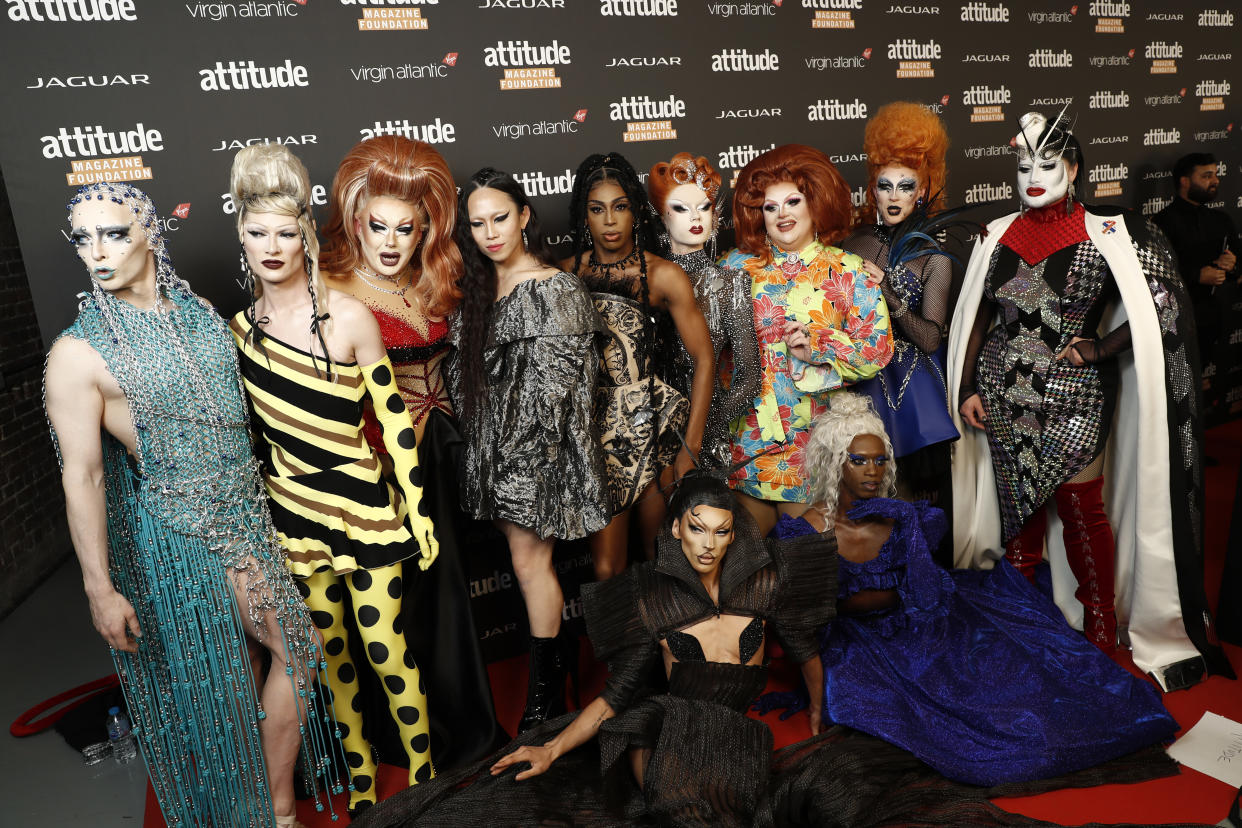 LONDON, ENGLAND - OCTOBER 12: (L-R) Cheddar Gorgeous, Jonbers Blonde, Just May, Le Fil, Baby, Starlet, Pixie Polite, Copper Topp, Danny Beard, Black Peppa and Sminty Drop attend the Attitude Awards 2022 at The Roundhouse on October 12, 2022 in London, England. (Photo by John Phillips/Getty Images)