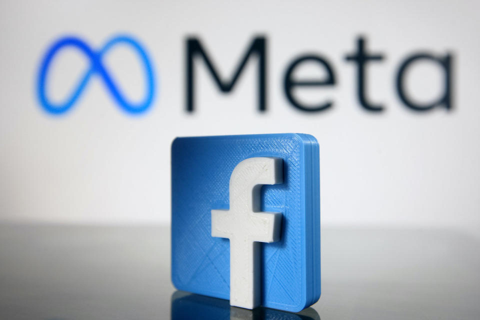 Facebook logo and new company brand Meta Platforms Inc. logo are pictured in this illustrative photo taken in Kyiv on 29 October, 2021. Facebook renames itself to new company brand Meta, Chief of Facebook Mark Zuckerberg said on 28 October 2021. (Photo by STR/NurPhoto via Getty Images)