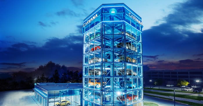 The glass-enclosed auto vending machine at Carvana.