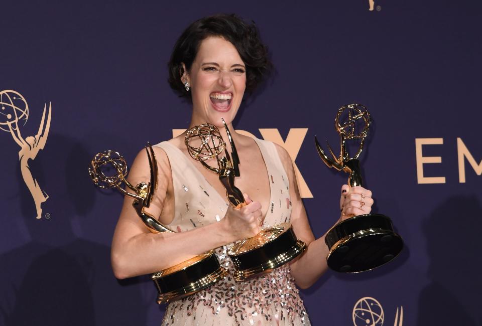 Phoebe Waller-Bridge poses with the Emmy for Outstanding Writing for a Comedy Series, Outstanding Lead Actress In A Comedy Series and Outstanding Comedy Series for "Fleabag" during the 71st Emmy Awards at the Microsoft Theatre in Los Angeles on September 22, 2019.&nbsp; (Photo: ROBYN BECK via Getty Images)