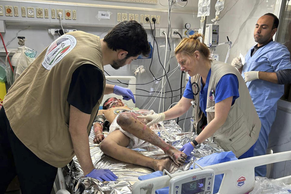 Monica Johnston RN, Burn and wound care nurse from Portland Oregon with the PAMA Palestinian American Medical Association, monitors a patient who sustained major burns on May 8, 2024, Khan Younis, Gaza. A group of 35 foreign doctors on a volunteer mission to help at the hospital, including 22 Americans, have been trapped in Gaza by Israel’s seizure of the Rafah crossing into Egypt.