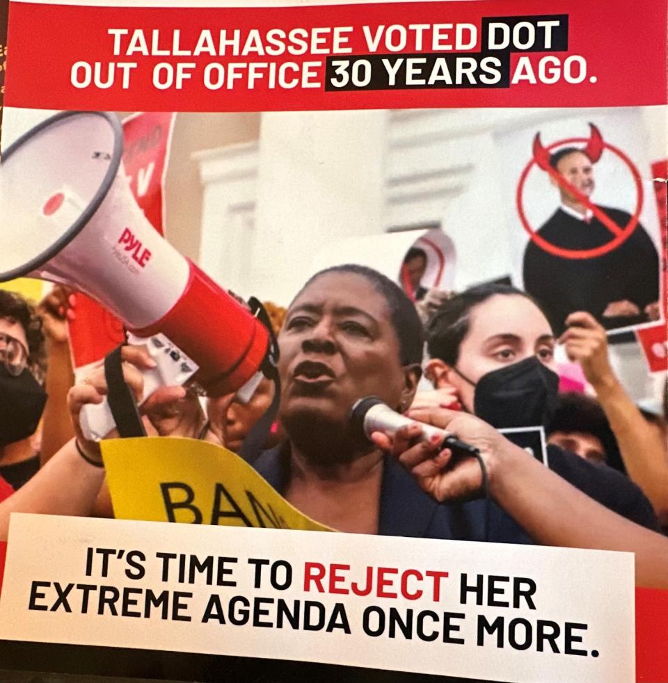 One side of a recent Grow Tallahassee PC mailer attacking Dot Inman-Johnson, a former mayor and city commissioner who's challenging City Commissioner Curtis Richardson for Seat 2.