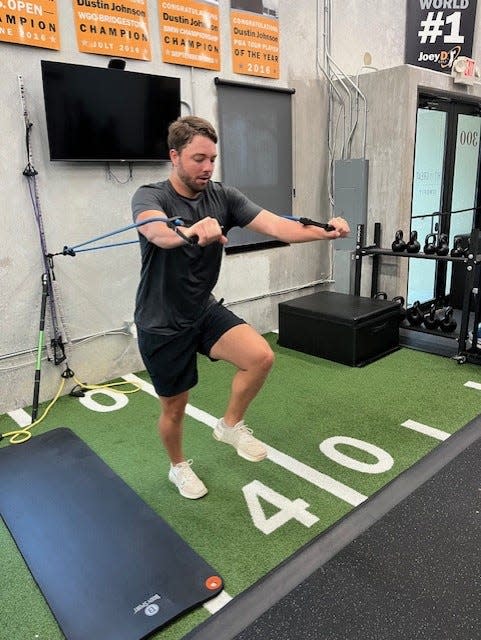 Former Park Vista High and FAU standout Nolan Schanuel works out at Hit It Great in Jupiter. Schanuel, 21, was a first-round pick of the Angels in July and was called up to the MLB club in August.