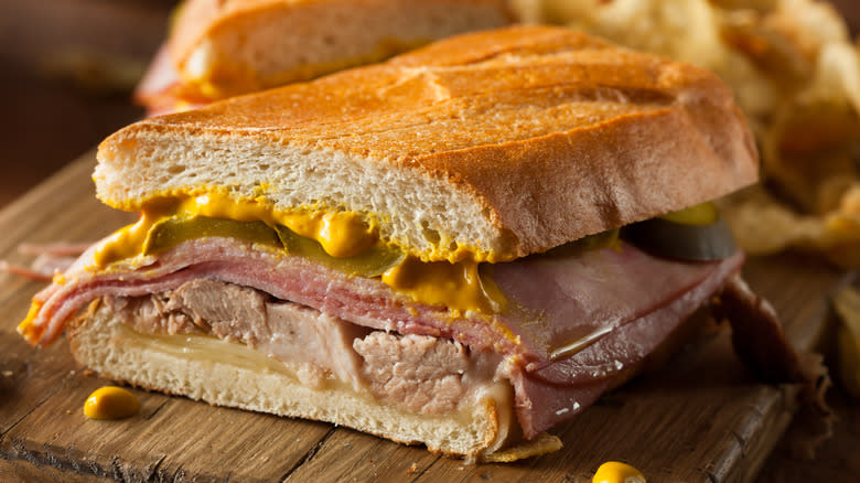 Sandwich with ham, pork and mustard