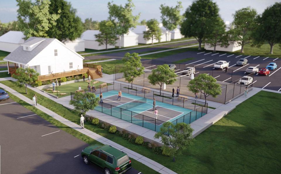 Plans for Mission University, formerly known as Baptist Bible College, including updating parts of campus for student recreation. An artist rendering of plans for sand volleyball and pickleball courts.