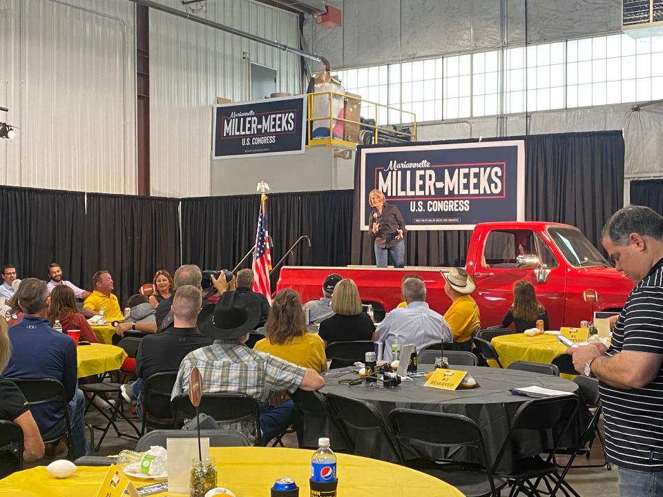 U.S. Rep. Mariannette Miller-Meeks speaks to a crowd of supporters at her tailgate fundraiser at Streb Construction in Johnson County on September 10, 2022.