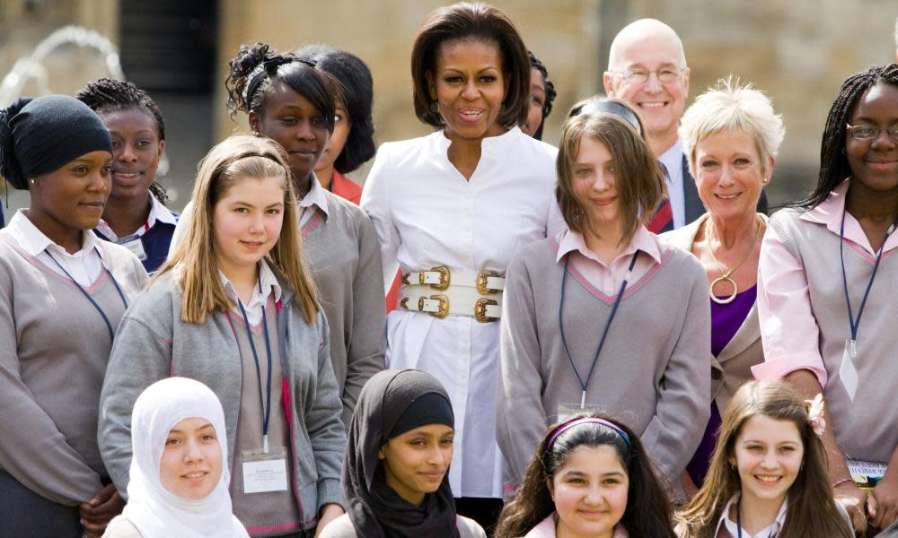 Michelle Obama visiting Christ Church College, Oxford, with pupils from Elizabeth Garrett Anderson school. 