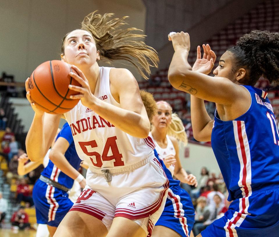 Indiana's Mackenzie Holmes (54) scores during the first half of the Indiana versus UMass Lowell woment's basketball game at Simon Skjodt Assembly Hall on Friday, Nov. 11, 2022.