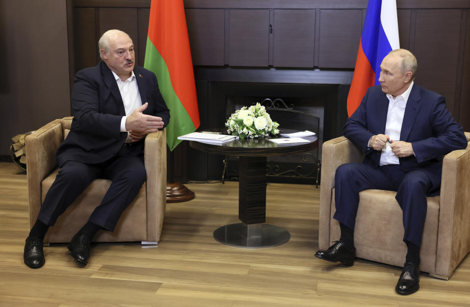 Russian President Vladimir Putin, right, and Belarusian President Alexander Lukashenko talk during their meeting in Sochi, Russia, Friday, Sept. 15, 2023. (Mikhail Metzel, Sputnik, Kremlin Pool Photo via AP)