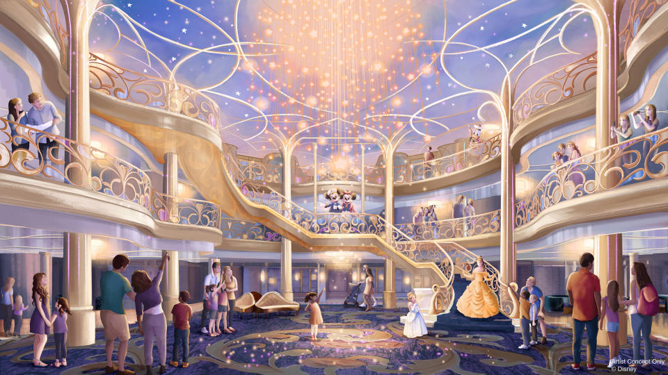 The three-story atrium of the Disney Wish, set to arrive in January 2022, will be an elegant space inspired by the beauty of an enchanted fairytale, filled with experiences designed especially for families. (Disney)