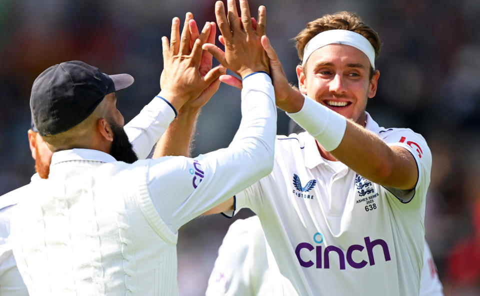 Stuart Broad, pictured here celebrating after taking his 600th Test wicket. 