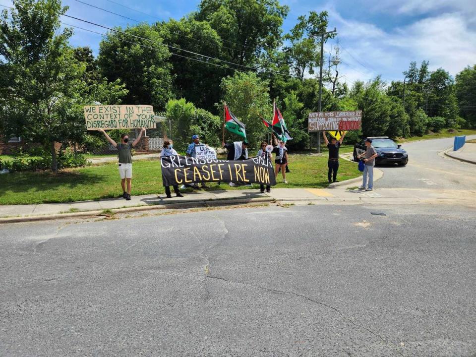 A group of pro-Palestinian protesters gathers in Greensboro, NC, near where Vice President Kamala Harris was set to speak, on July 11, 2024.