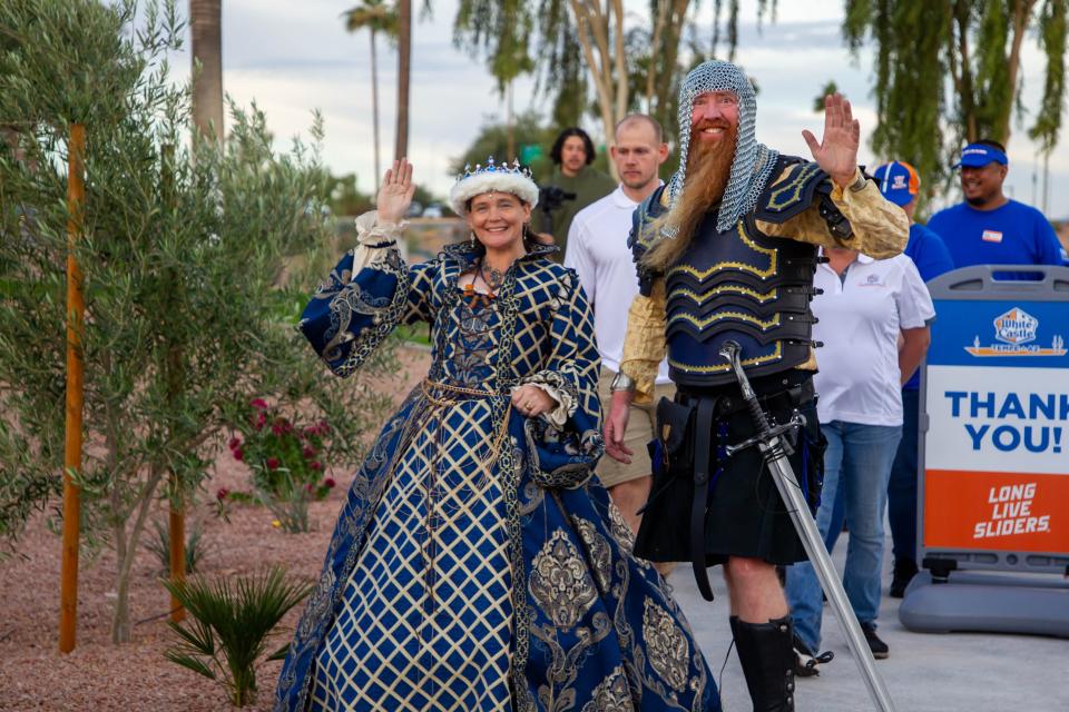 Super fans of White Castle who got married at the White Castle in Scottsdale, Jamie West and Drew Schmitt were part of the procession for its grand opening in Tempe on Nov. 28, 2023.