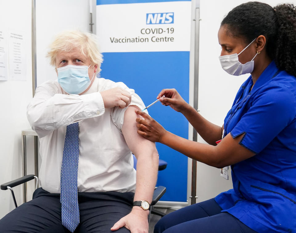 EMBARGOED TO 0001 FRIDAY DECEMBER 17 File photo dated 02/12/21 of Prime Minister Boris Johnson receiving his booster jab. Faith leaders are supporting the Government in its bid to increase the uptake of booster jabs as Omicron cases surge.