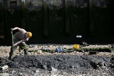 Mudlark Ian Smith digs a hole as he looks for objects on the bank of the River Thames in London, Britain May 22, 2016. REUTERS/Neil Hall