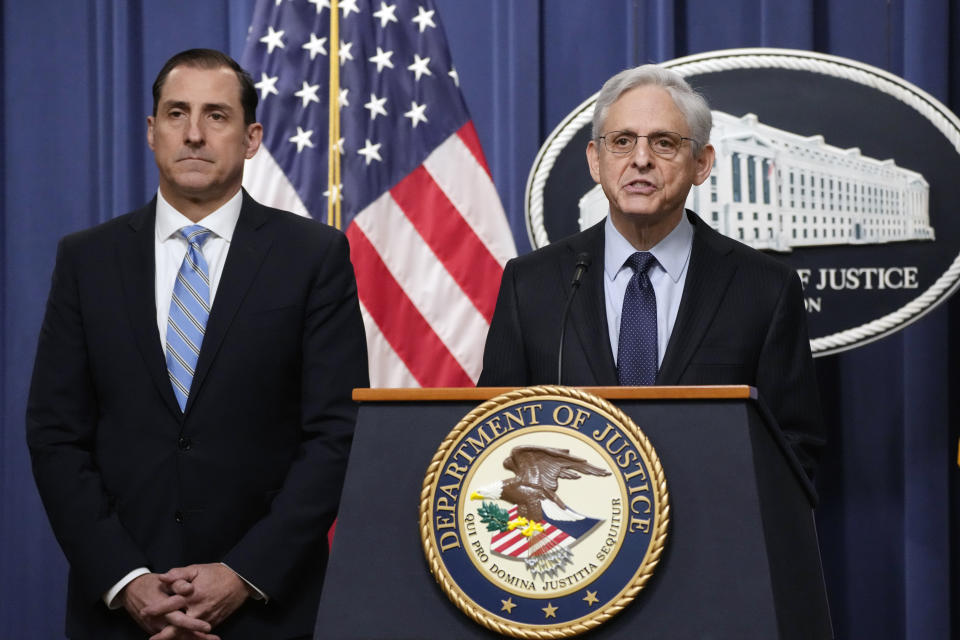 FILE - Attorney General Merrick Garland speaks during a news conference at the Department of Justice, Thursday, Jan. 12, 2023, in Washington, as John Lausch, the U.S. Attorney in Chicago, looks on. (AP Photo/Manuel Balce Ceneta, File)