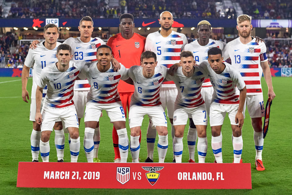 ORLANDO, FL - MARCH 21: United States starting XI consisting of (back row) United States forward Jordan Morris (11), United States defender Aaron Long (23), United States goalkeeper Sean Johnson (1), United States defender John Brooks (5), United States forward Gyasi Zardes (9), United States defender Tim Ream (13), (front row) United States midfielder Christian Pulisic (10), United States midfielder Weston McKennie (8), United States midfielder Wil Trapp (6), United States forward Paul Arriola (7) and United States midfielder Tyler Adams (14) pose for a photo prior to game action during an International friendly match between the United States and the Ecuador men's national teams on March 21, 2019 at Orlando City Stadium in Orlando, FL. (Photo by Robin Alam/Icon Sportswire via Getty Images)